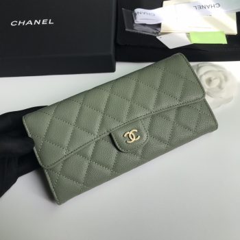 Best Price Chanel A80758 Classics Flap Long Wallet Grained Calfskin Green