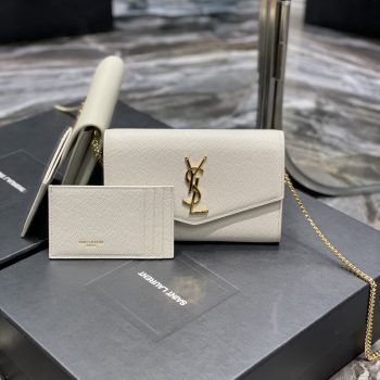 Copy Saint Laurent Uptown Chain Wallet in Grain De Poudre Embossed Leather White