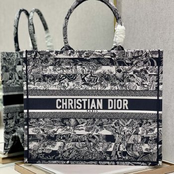 Dior 41cm Book Tote Navy Blue Toile de Jouy Stripes Embroider