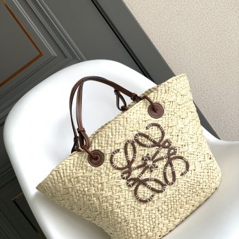 Loewe Large Anagram Basket Bag in Iraca Palm and Calfskin Natural Tan