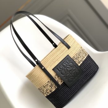 Loewe Square Basket Bag in Degrade Raffia and Calfskin Natural Black