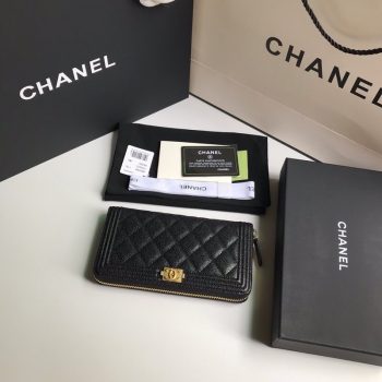 Replica Chanel BOY CHANEL Long Zipped Wallet Grained Calfskin Gold Tone Metal Black