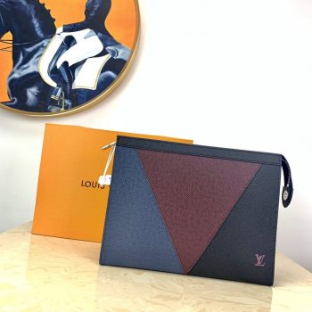 Replica Louis Vuitton M30718 Pochette Voyage MM Burgundy Black and Navy Blue Taiga Leather