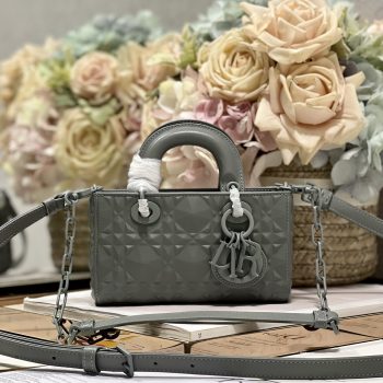 Mini Lady D-Joy Bag Calfskin with Diamond Motif Gray