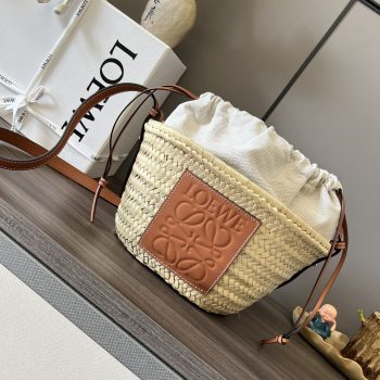 Loewe Drawstring Bucket Bag in Palm Leaf and Calfskin Natural and Tan