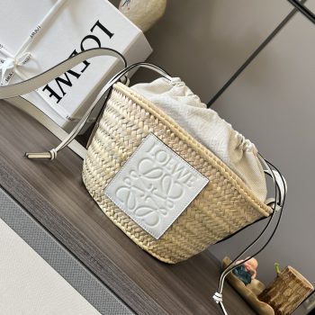 Loewe Drawstring Bucket Bag in Palm Leaf and Calfskin Natural and White