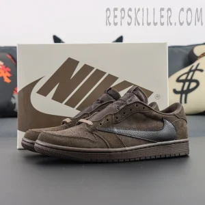 Travis Scott x Air Jordan 1 Low OG SP Velvet Brown — pair with original Nike box behind.