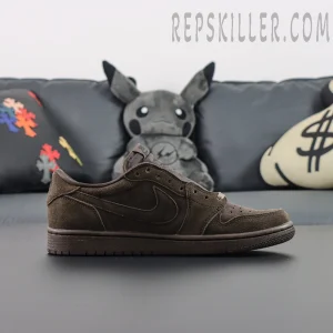 Travis Scott x Air Jordan 1 Low OG SP Velvet Brown — side profile showcasing full suede upper and tonal midsole.