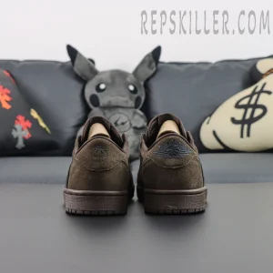 Travis Scott x Air Jordan 1 Low OG SP Velvet Brown — rear heel shot showing dark tonal branding.