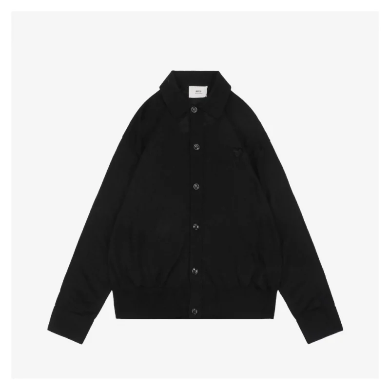 Ami Embossed Heart Embroidery Basic Polo Sweater Black