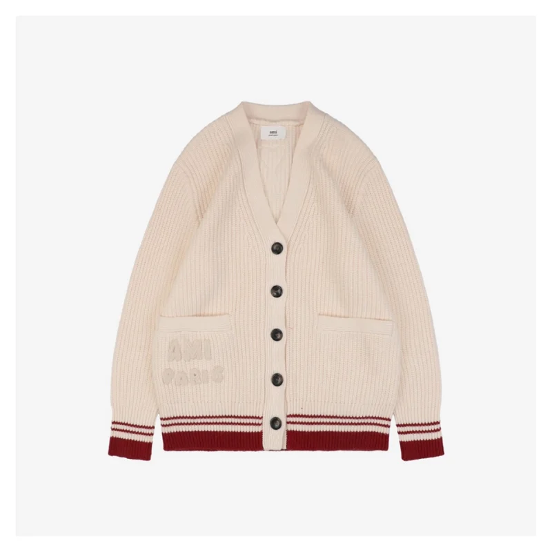 Ami Wool Cardigan with Red-Hem Heart Letter Logo