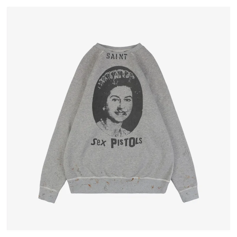 Saint Michael Queen Elizabeth Distressed Print Crewneck Sweatshirt