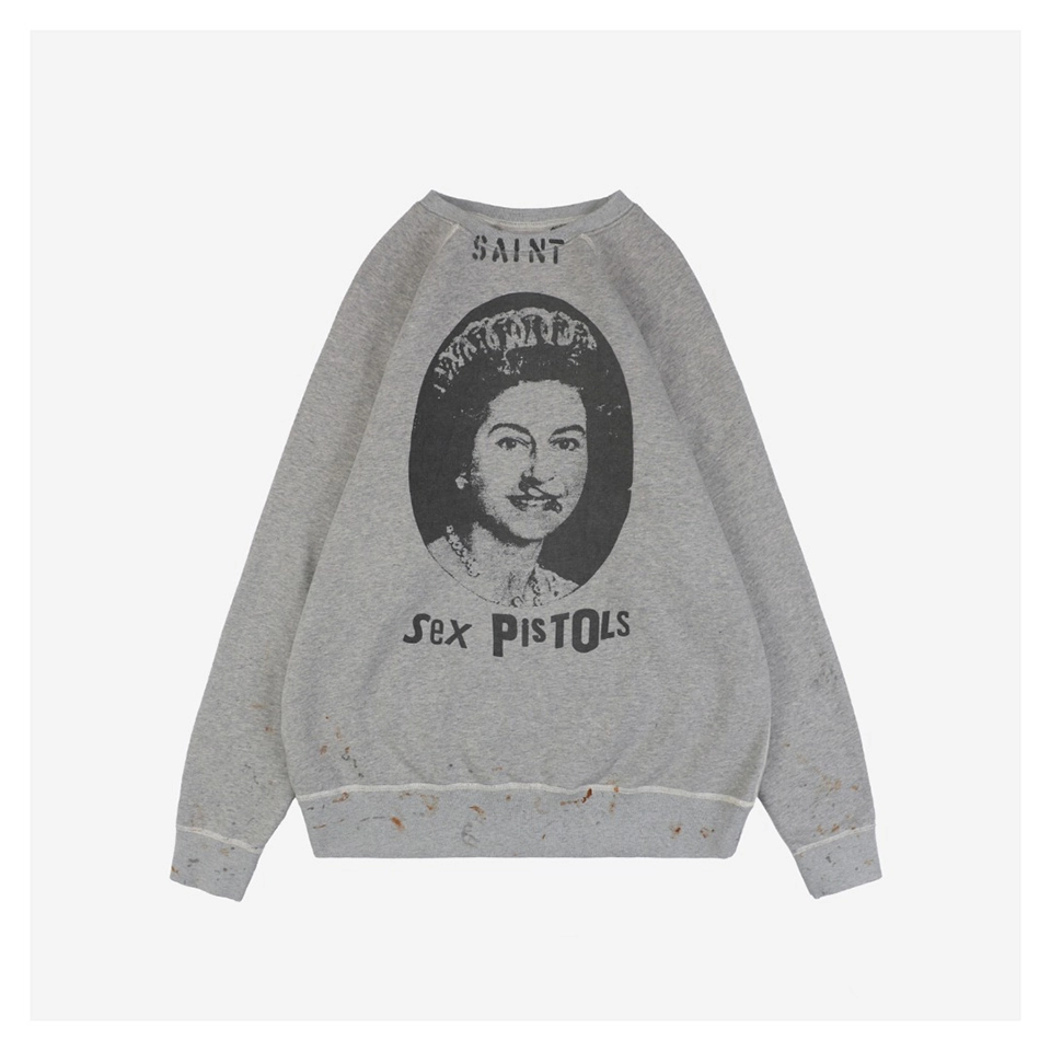 Saint Michael Queen Elizabeth Distressed Print Crewneck Sweatshirt