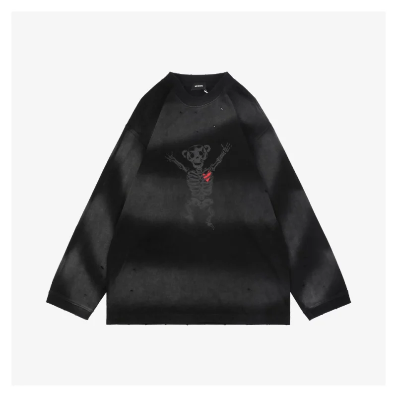 We11done Skeleton Raised Hands Bear Print Long-Sleeve Shirt Black