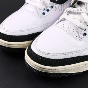Close-up of A Ma Maniére x Air Jordan 3 “For The Love” toe box featuring tumbled white leather and black suede mudguard.