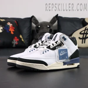 A Ma Maniére x Air Jordan 3 “For The Love” with hangtag and white box background showing premium white leather and black suede overlays.