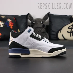 Side view of A Ma Maniére x Air Jordan 3 “For The Love” showing cream midsole, navy accents, and visible Air cushioning.
