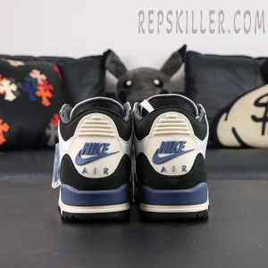 Rear view of A Ma Maniére x Air Jordan 3 “For The Love” showing Nike Air heel tabs in blue and cream tones.