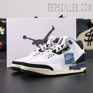 A Ma Maniére x Air Jordan 3 “For The Love” with branded box background highlighting minimalist luxury design.