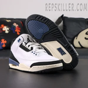 Outsole and side view of A Ma Maniére x Air Jordan 3 “For The Love” showing black and cream sole with navy Nike logo.
