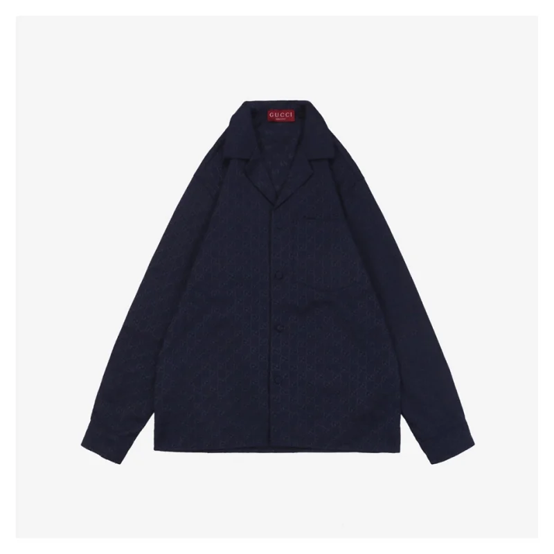 GG Jacquard Collared Long-Sleeve Shirt Blue