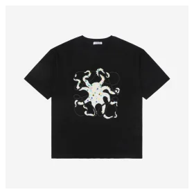 L Colorful Octopus Flower Patch Embroidery T-Shirt (Black/White)
