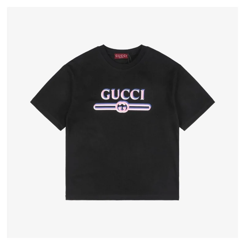 Pink & Blue G-Letter Belt Print Short-Sleeve T-Shirt Black