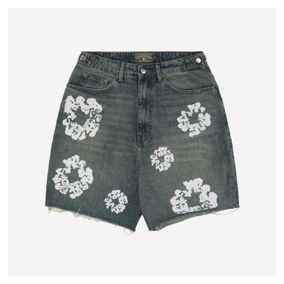 Denim Tears Cotton Flower Print Mud-Dyed Distressed Denim Shorts