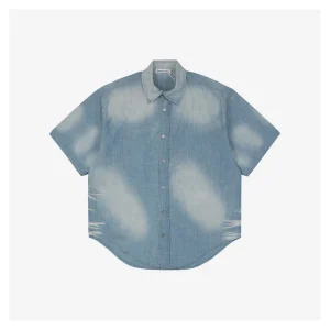 Acne Studios “1996” Slogan Linen-Denim Short-Sleeve Shirt