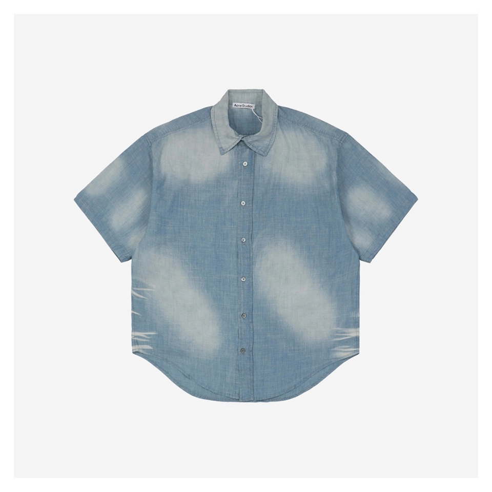 Acne Studios “1996” Slogan Linen-Denim Short-Sleeve Shirt