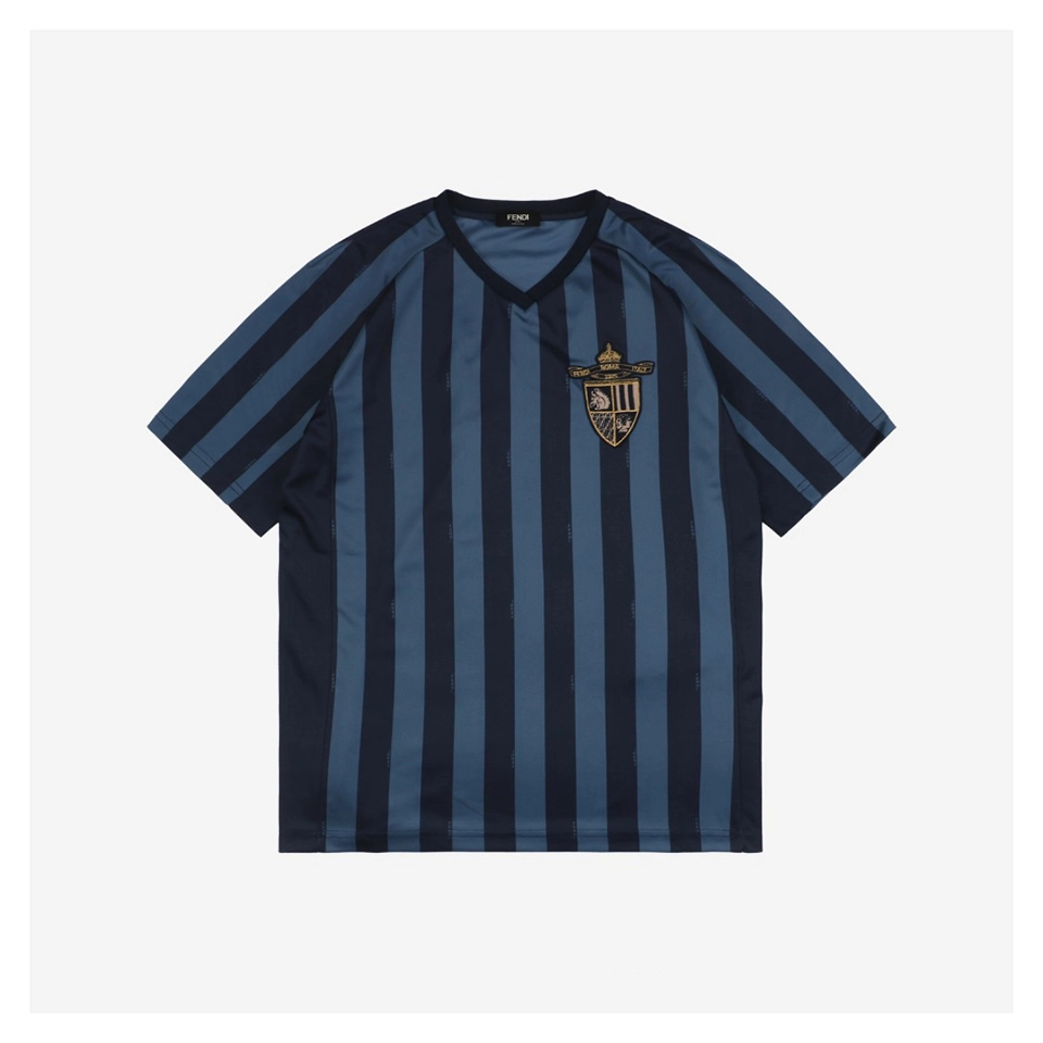 F Badge Embroidery Striped V-Neck T-Shirt