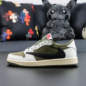 Side profile of Travis Scott Air Jordan 1 Low Reverse Olive featuring the oversized reverse Swoosh in black.