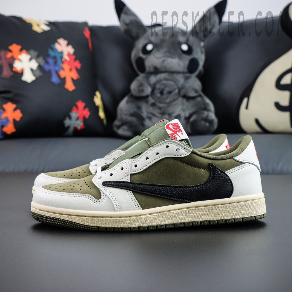 Lateral view of Travis Scott x AJ1 Low Reverse Olive showcasing premium leather and reverse black Swoosh.