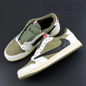 Top-down angle of Travis Scott Air Jordan 1 Low Reverse Olive highlighting the green tongue and Nike Air branding.