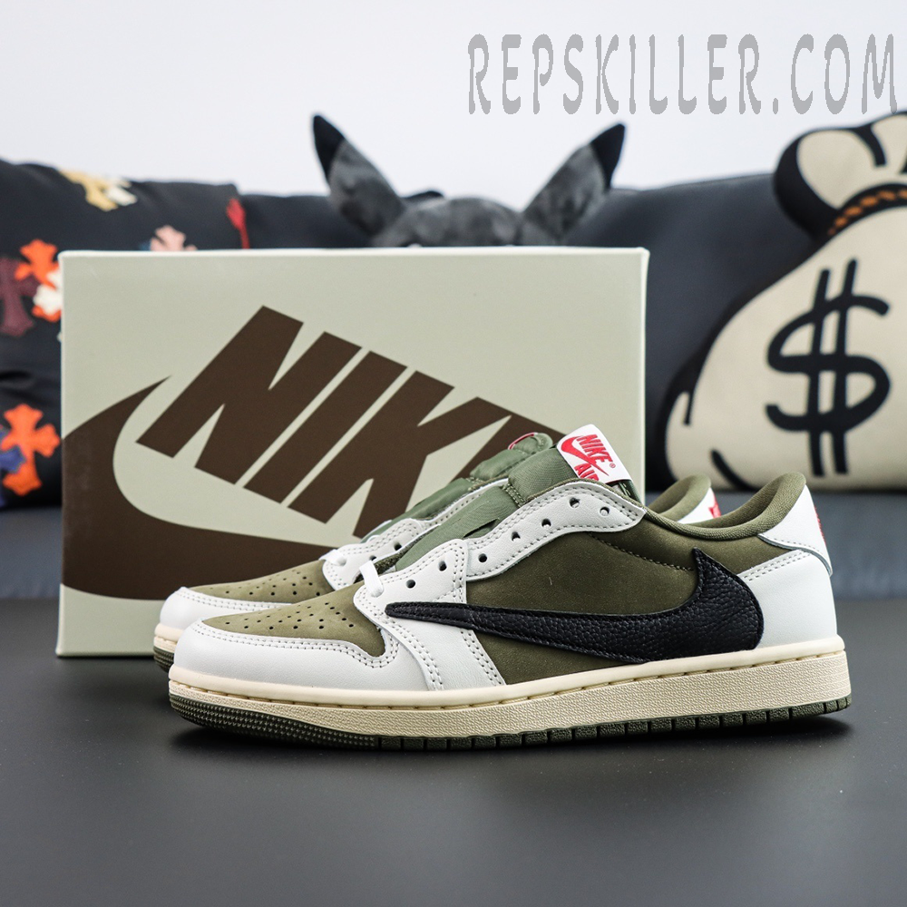 Travis Scott x Air Jordan 1 Low Reverse Olive displayed with its special Nike box packaging.