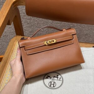 Replica Hermes Kelly Pochette Swift Brown - best quality luxury bag dupe