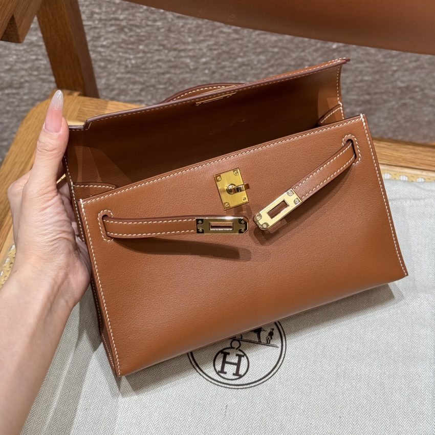 Replica Hermes Kelly Pochette Swift Brown - top-rated replica designer bag