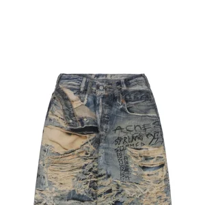 Acne Studios Distressed Graffiti-Print Wide-Leg Denim Pants