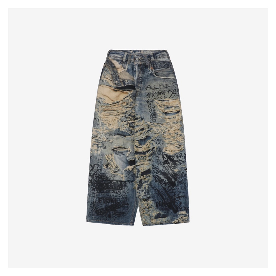 Acne Studios Distressed Graffiti-Print Wide-Leg Denim Pants