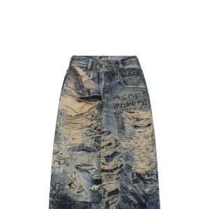 Acne Studios Distressed Graffiti-Print Wide-Leg Denim Pants