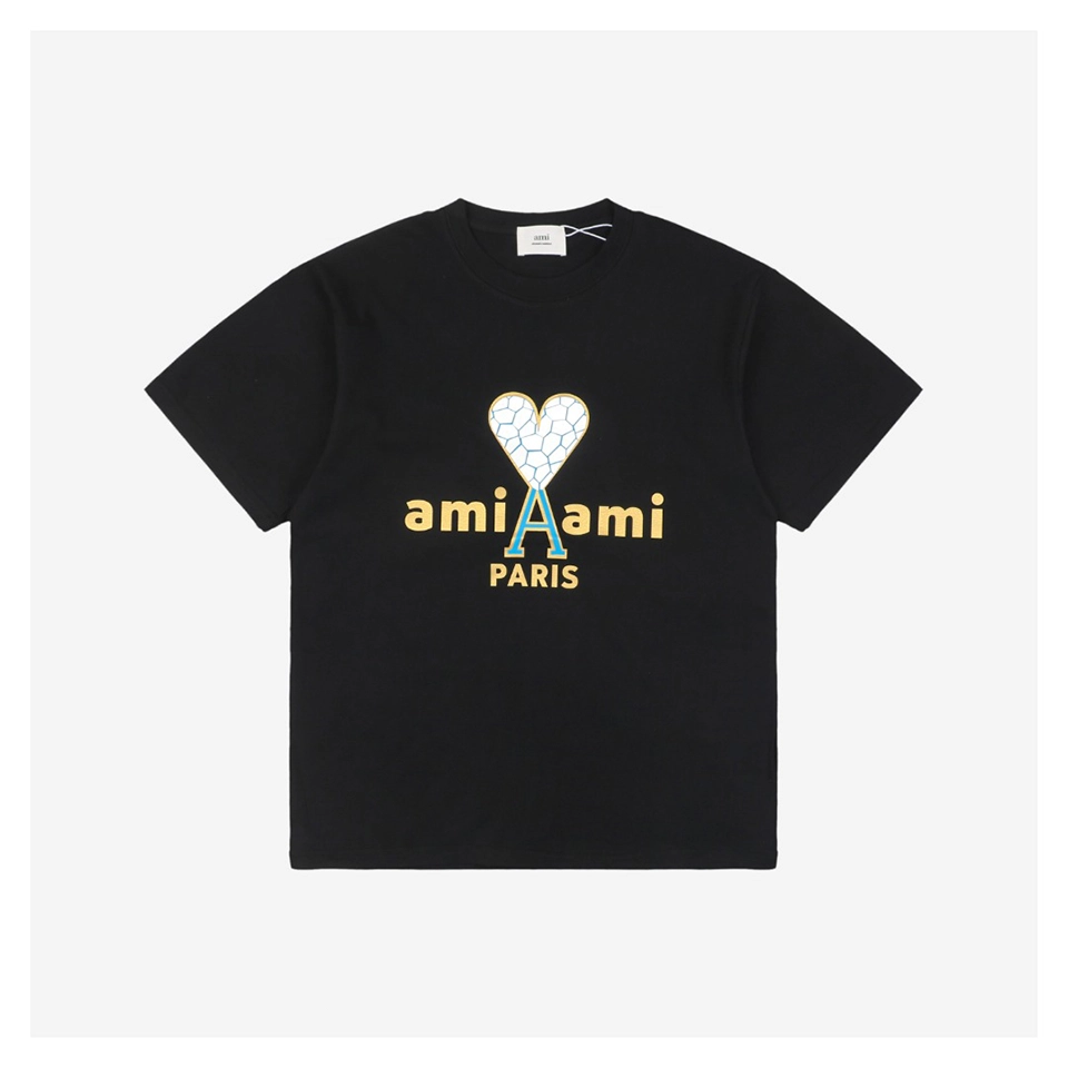 Ami Cracked Heart Logo Print T-shirt Black