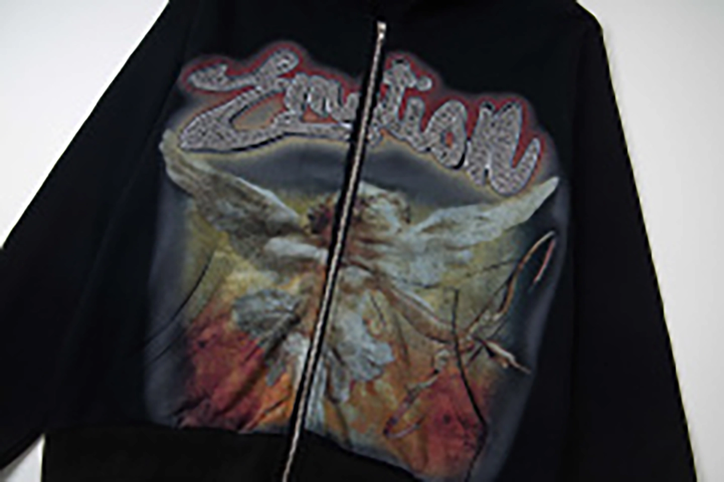 Mixed Emotion Angel Graphic Zip Black Hoodie11