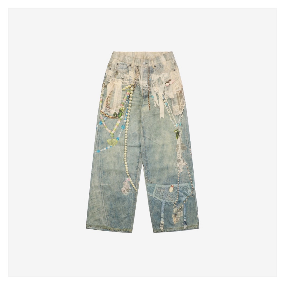 Acne Studios Lace and Pearl Printed Denim Pants