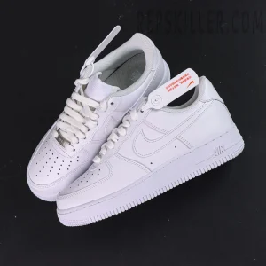 Overhead pair of Nike Air Force 1 ’07 “Triple White” showing full white leather and classic perforations.