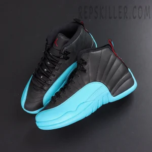 Close-up of Air Jordan 12 Retro ‘Gamma Blue’ showing full pair in angled display with vibrant blue mudguard and black upper.