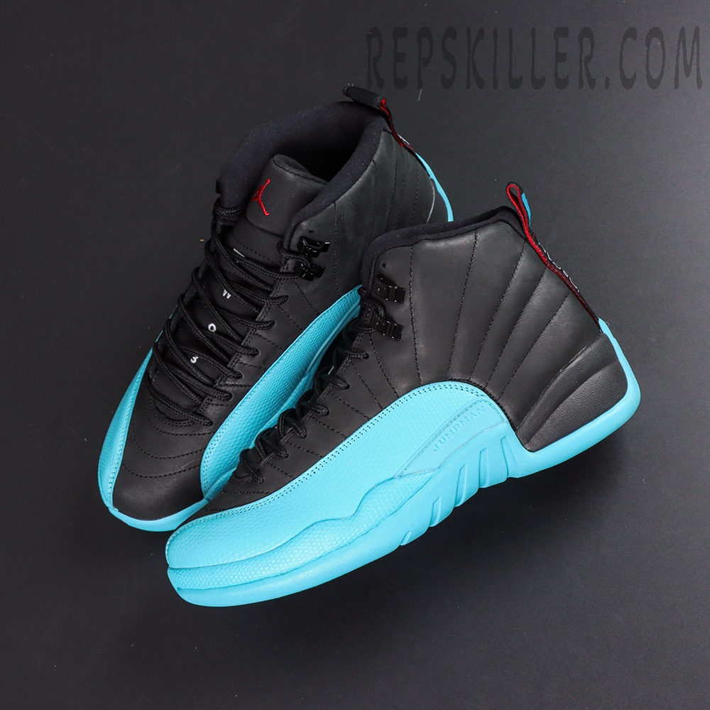 Close-up of Air Jordan 12 Retro ‘Gamma Blue’ showing full pair in angled display with vibrant blue mudguard and black upper.