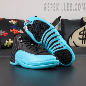 Air Jordan 12 Retro ‘Gamma Blue’ with one shoe upright and one showing blue outsole with black herringbone traction.