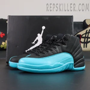 Side-by-side view of Air Jordan 12 Retro ‘Gamma Blue’ in front of original black Jordan box.