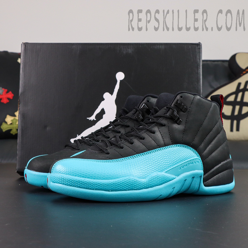 Side-by-side view of Air Jordan 12 Retro ‘Gamma Blue’ in front of original black Jordan box.