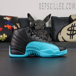 Lateral side view of Air Jordan 12 Retro ‘Gamma Blue’ focusing on blue textured mudguard and stitched black leather upper.
